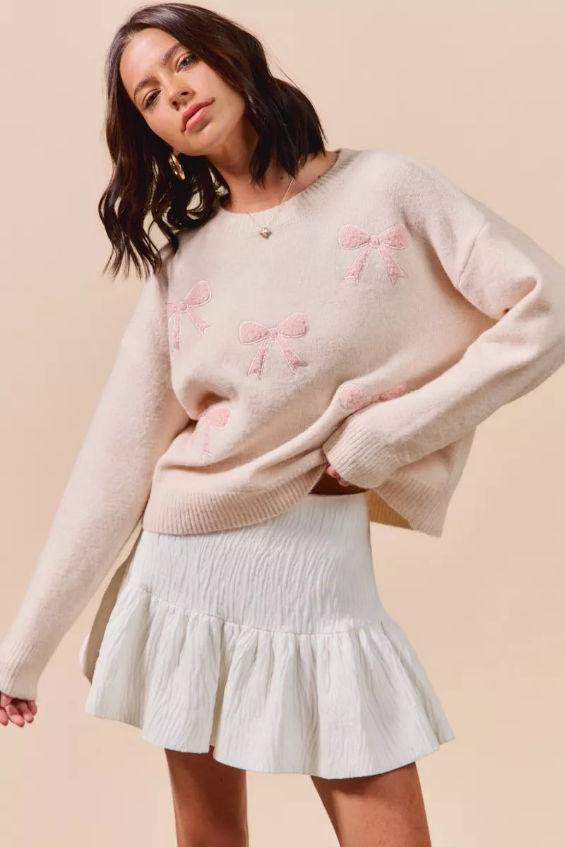 SO ME Embroidered Ribbon Round Neck Sweater OutfitFlow