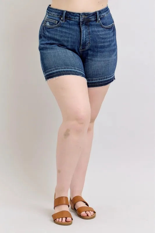 Judy Blue Full Size High Waist Tummy Control Destroy Release Hem Denim Shorts Plus Size OutfitFlow