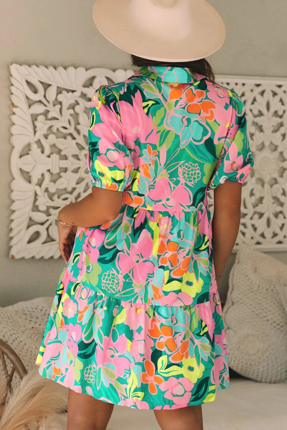 Button Down Floral Puff Sleeve Babydoll Dress OutfitFlow