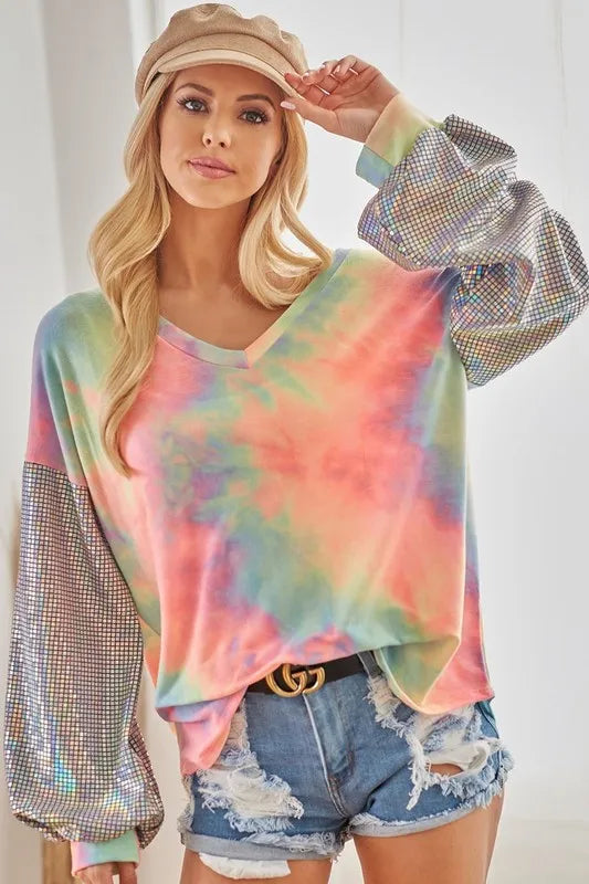 BiBi V Neck Tie Dye French Terry Top with Shiny Trendsi