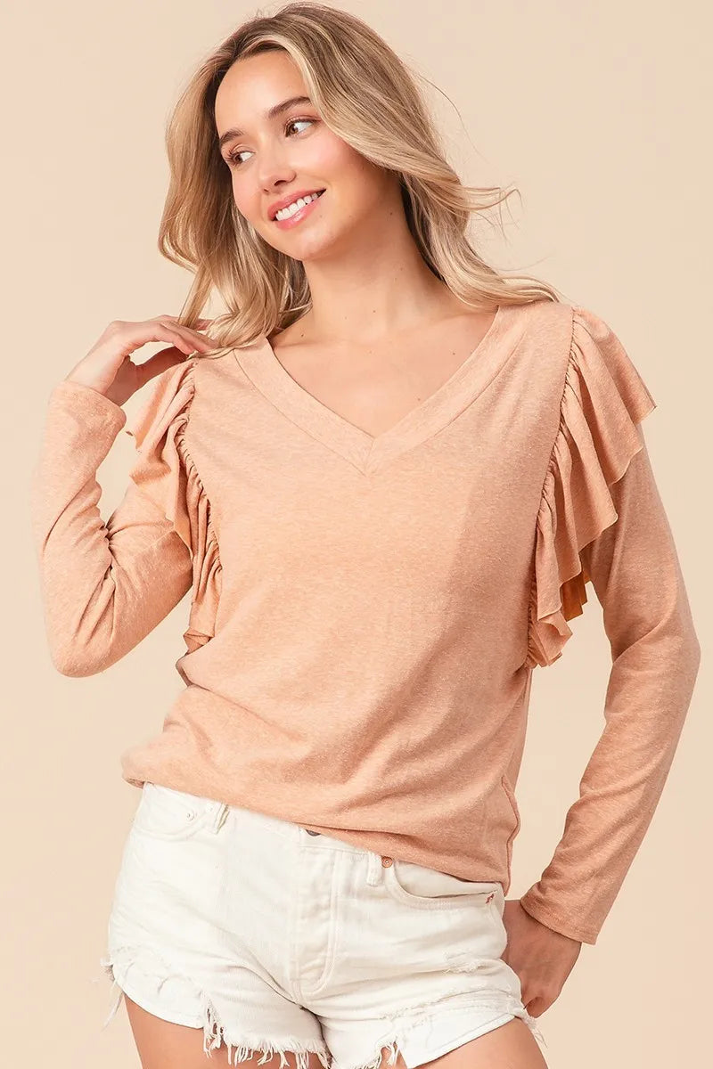 BiBi Triblend V Neck Top with Shoulder Shrring Detail OutfitFlow