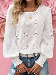 Eyelet Long Sleeve Blouse with Elastic Cuffs OutfitFlow