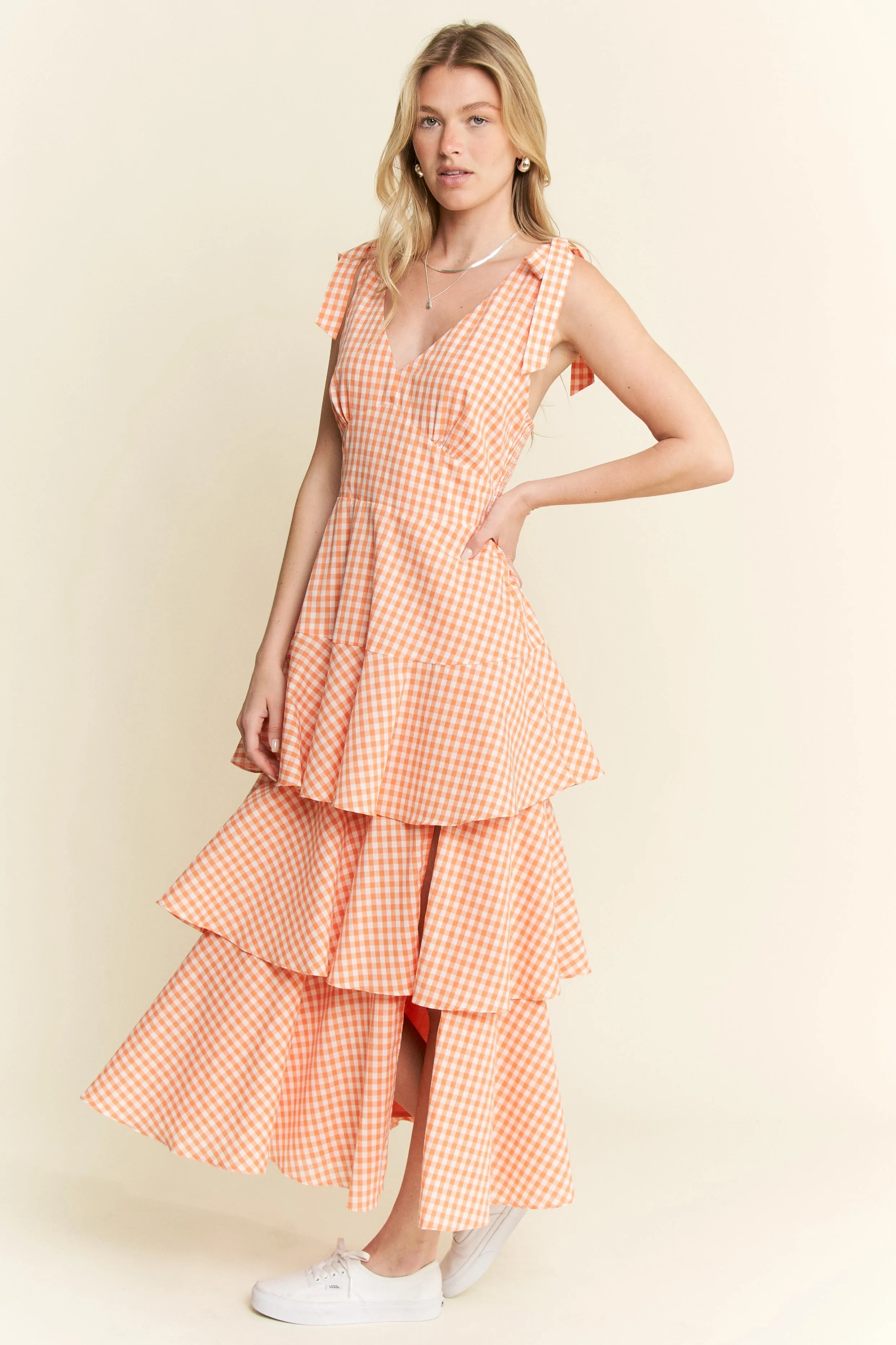Jade By Jane Sleeveless Gingham Print Tiered Midi Dress OutfitFlow