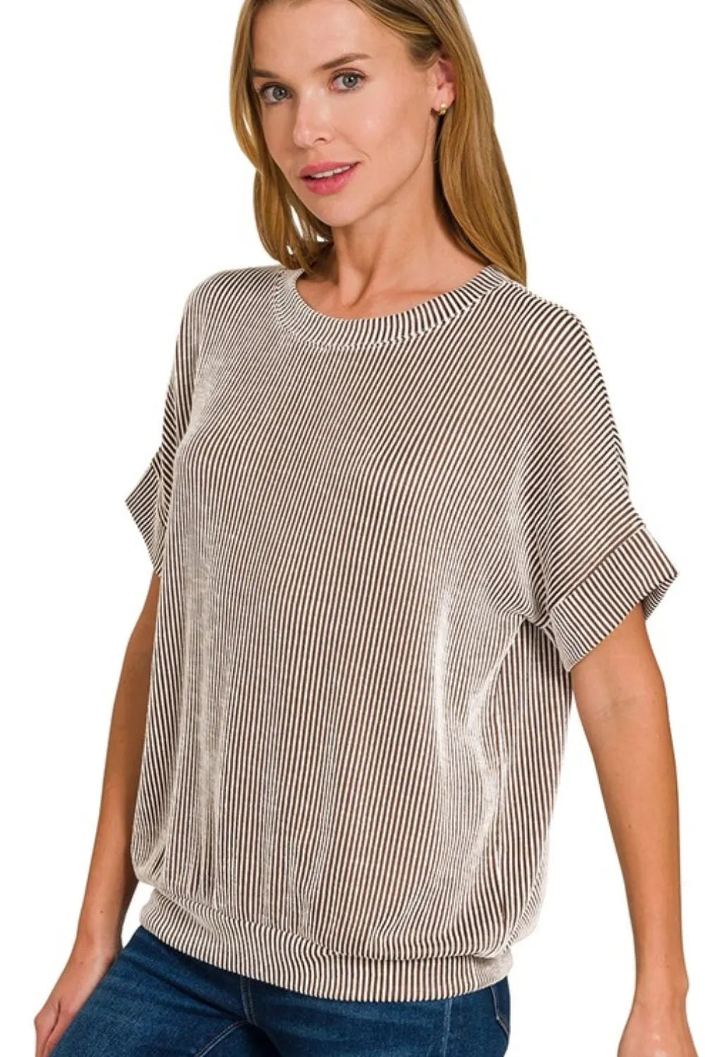 Zenana Corded Rib Short Sleeve T-Shirt BROWN OutfitFlow