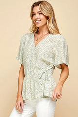 Lime 'N' Chili Ditsy Print V-Neck Short Sleeve Wrap Blouse OutfitFlow