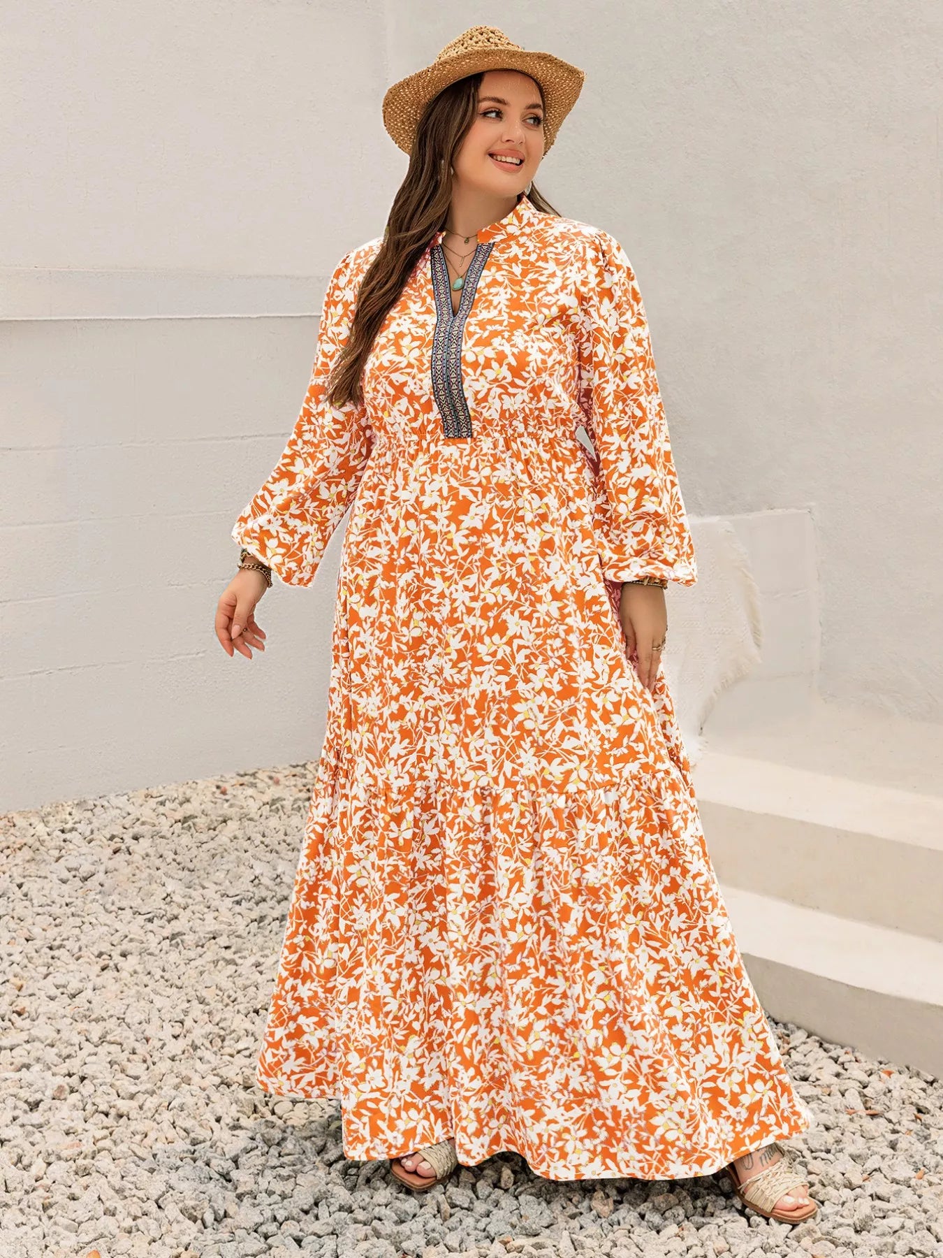 Plus Size Boho Floral Print Maxi Dress OutfitFlow