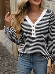 Striped Button Detail Long Sleeve T-Shirt Trendsi