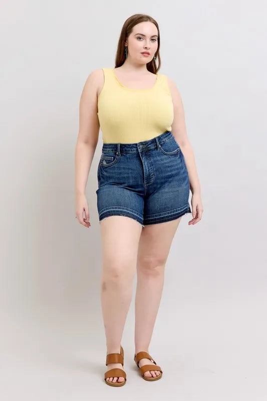 Judy Blue Full Size High Waist Tummy Control Destroy Release Hem Denim Shorts Plus Size OutfitFlow