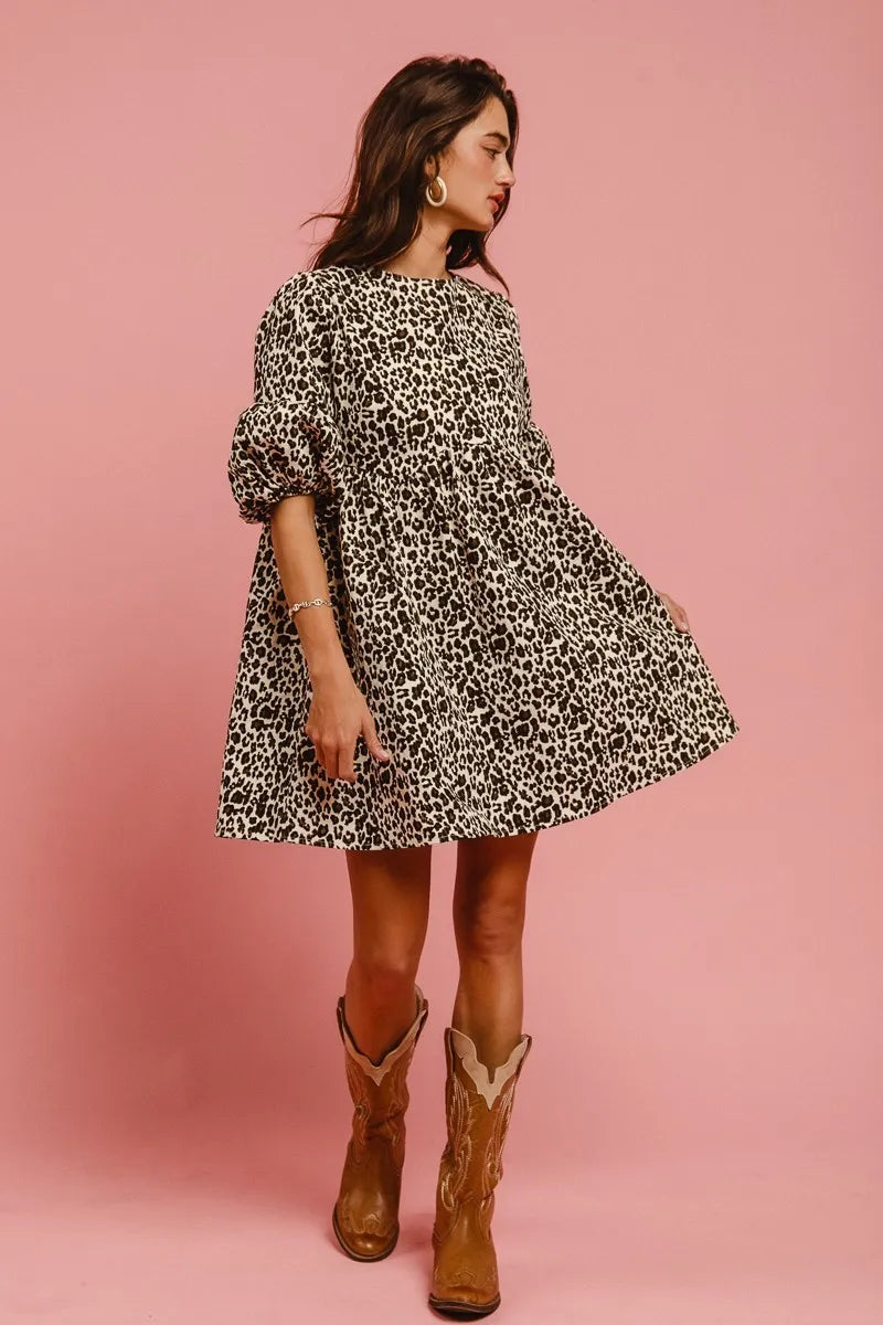 BiBi Leopard Denim Dress With Back Contrast Tie Detail OutfitFlow