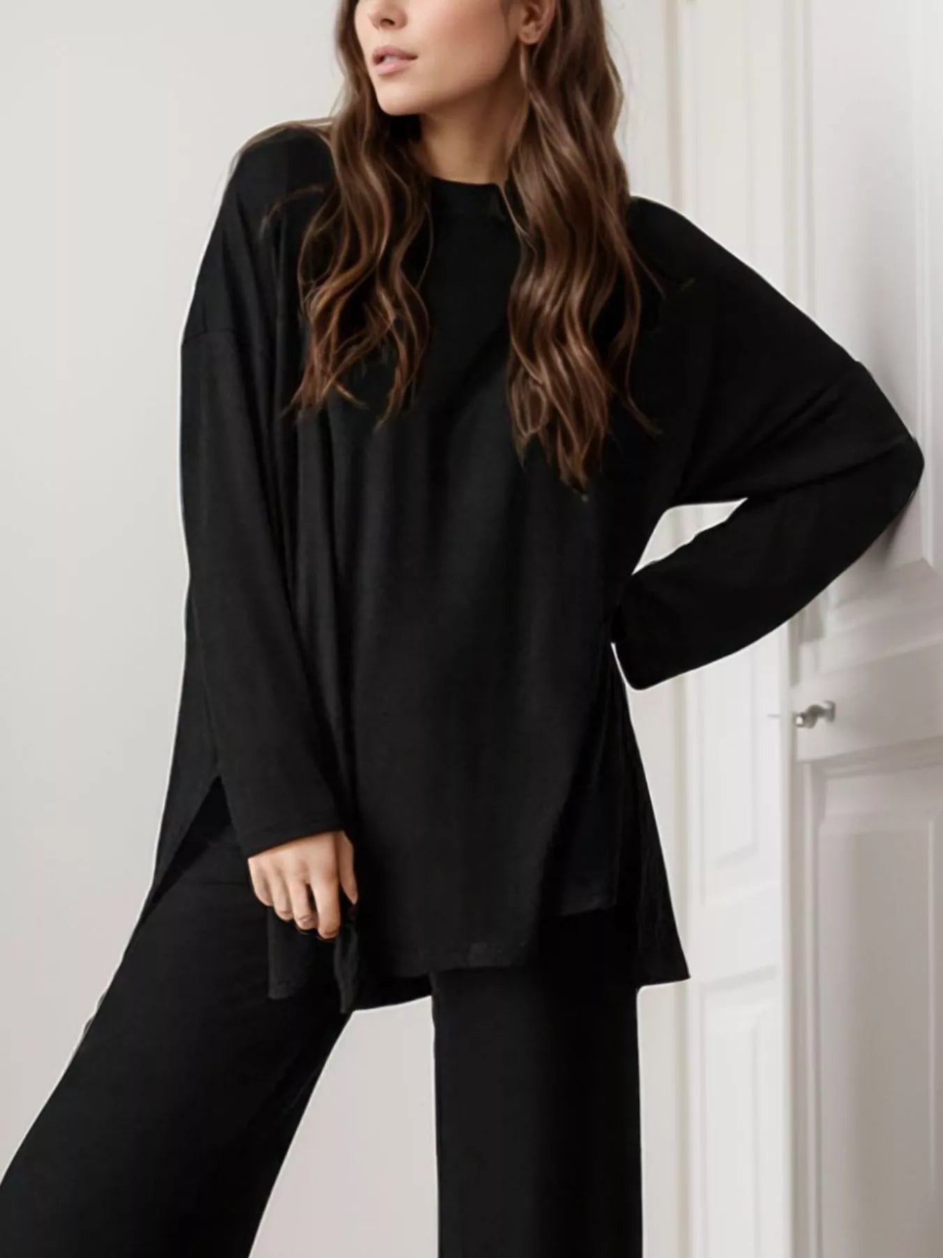 Casual Loose Long Sleeve Top and Wide Leg Pants Set Trendsi