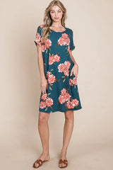 BOMBOM Floral Round Neck Short Tee Dress with Pockets OutfitFlow