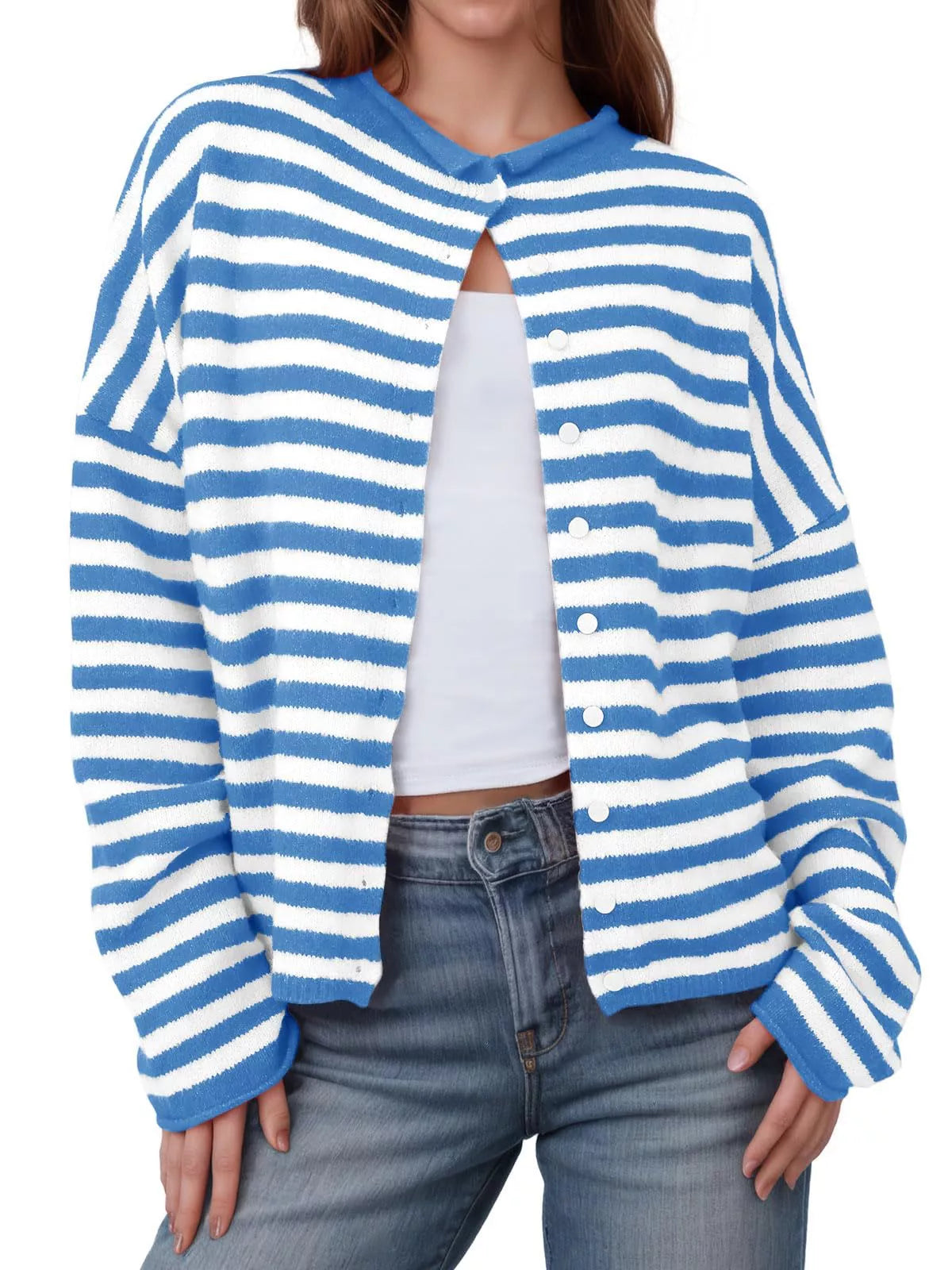 Striped Button-Down Knit Cardigan Blue OutfitFlow