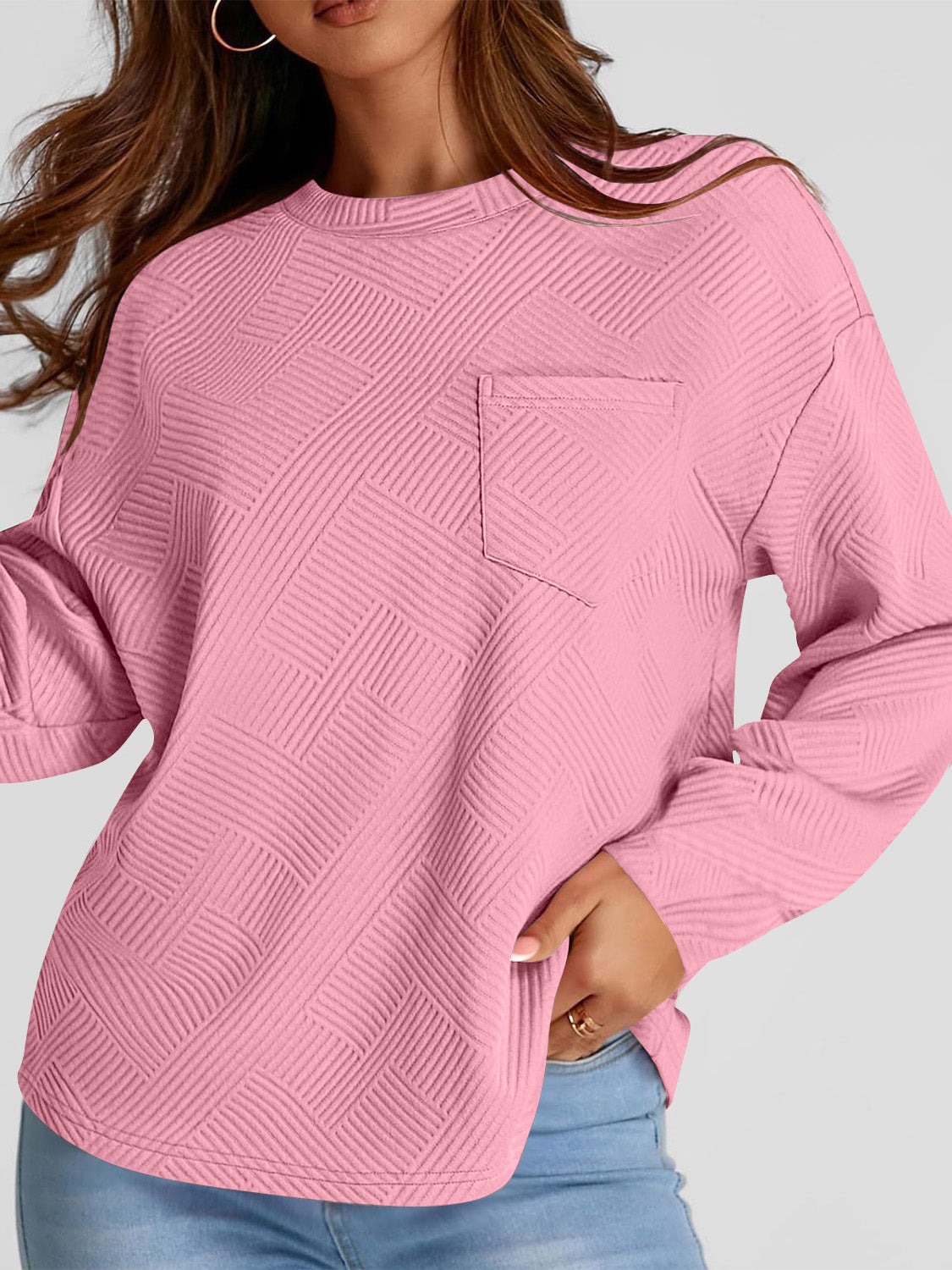 Full Size Texture Round Neck Long Sleeve Sweatshirt