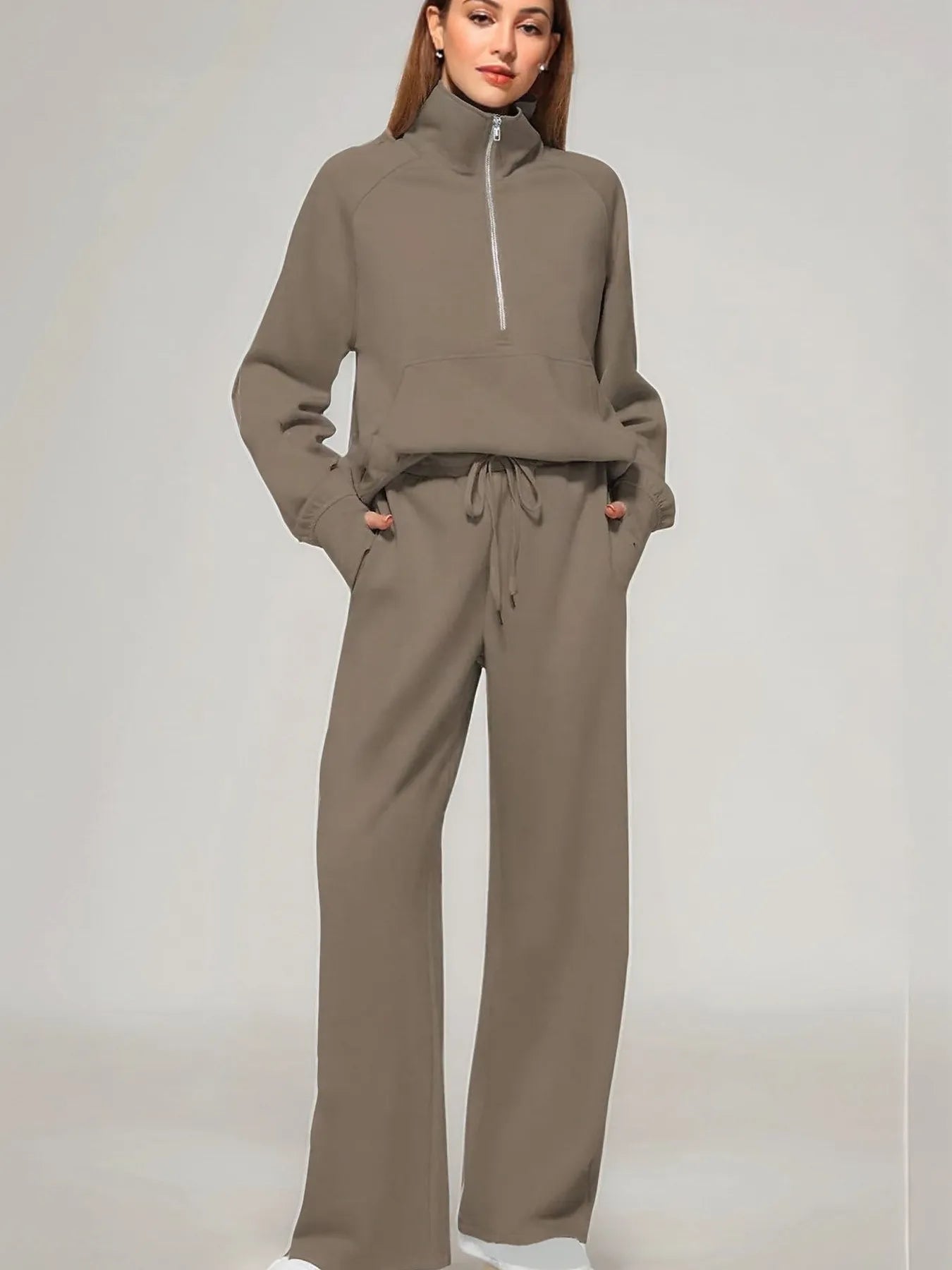 Half Zip Long Sleeve Top and Pants Set Brown OutfitFlow