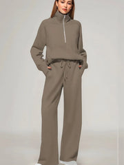 Half Zip Long Sleeve Top and Pants Set Brown OutfitFlow