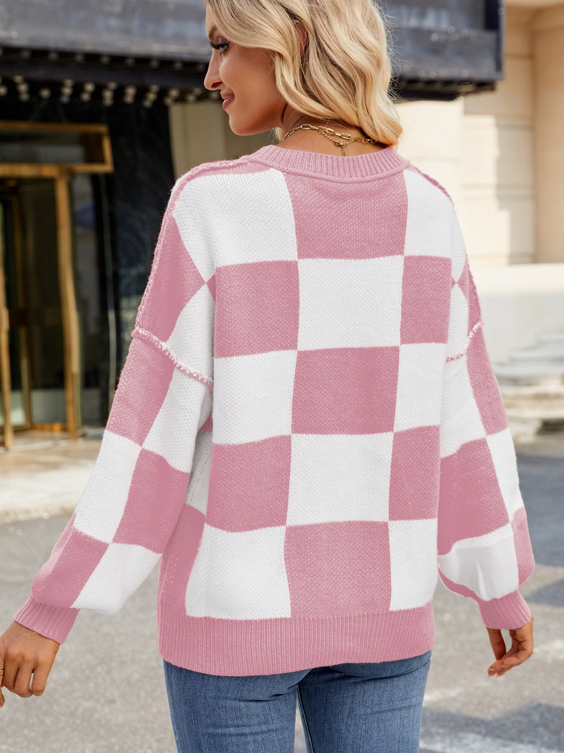 Outfit Flow - Checkered Round Neck Long Sleeve Sweater