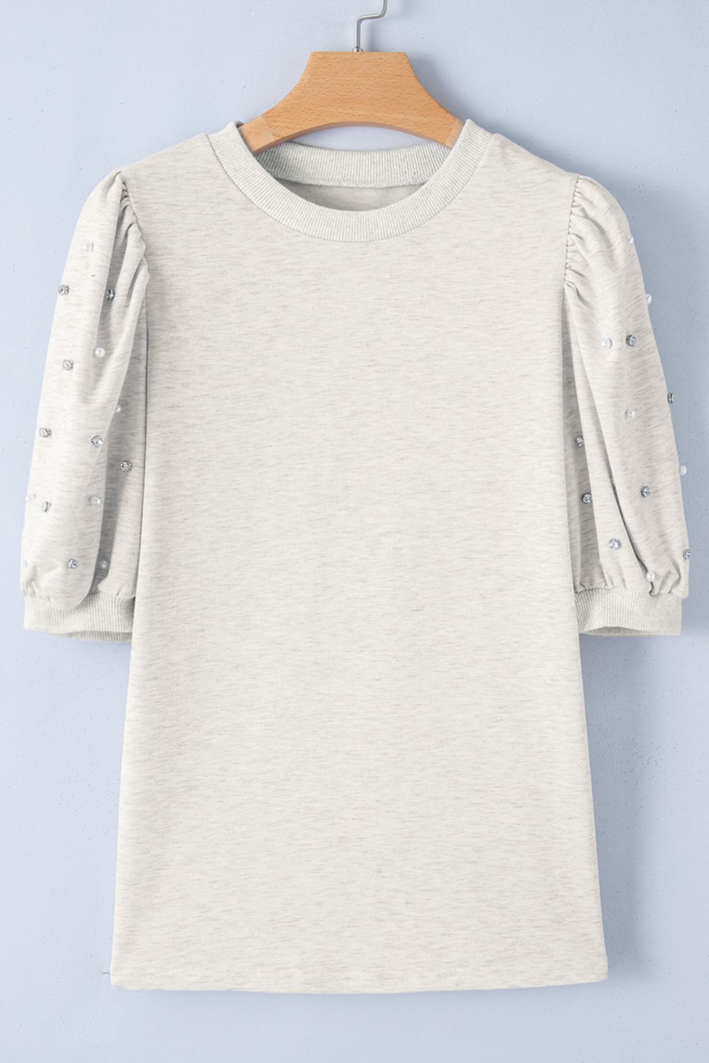 Rhinestone Pearl Detail Round Neck Puff Sleeve Top OutfitFlow