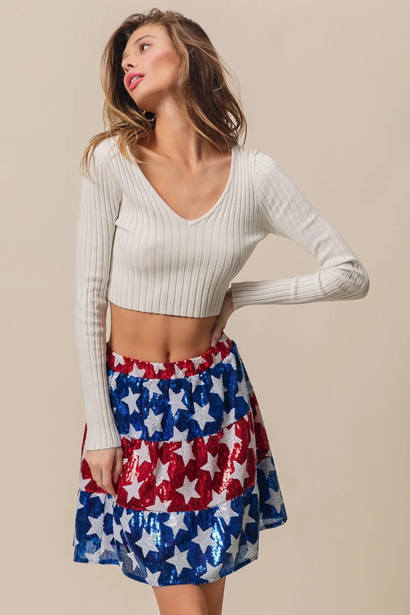 BiBi American Flag Theme Star Sequin Tiered Skirt OutfitFlow