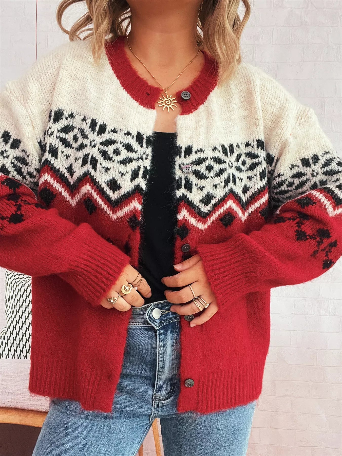 Christmas Button Up Drop Shoulder Cardigan Red One Size OutfitFlow