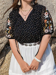 Plus Size Printed Tie Neck Half Sleeve Blouse Black OutfitFlow