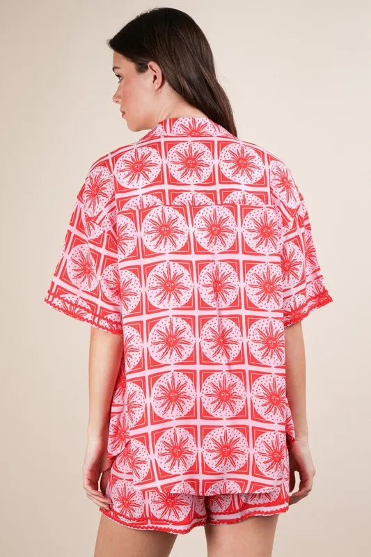 VERY J Full Size Tropical Printed Shirt Top and Shorts Set Plus Size OutfitFlow