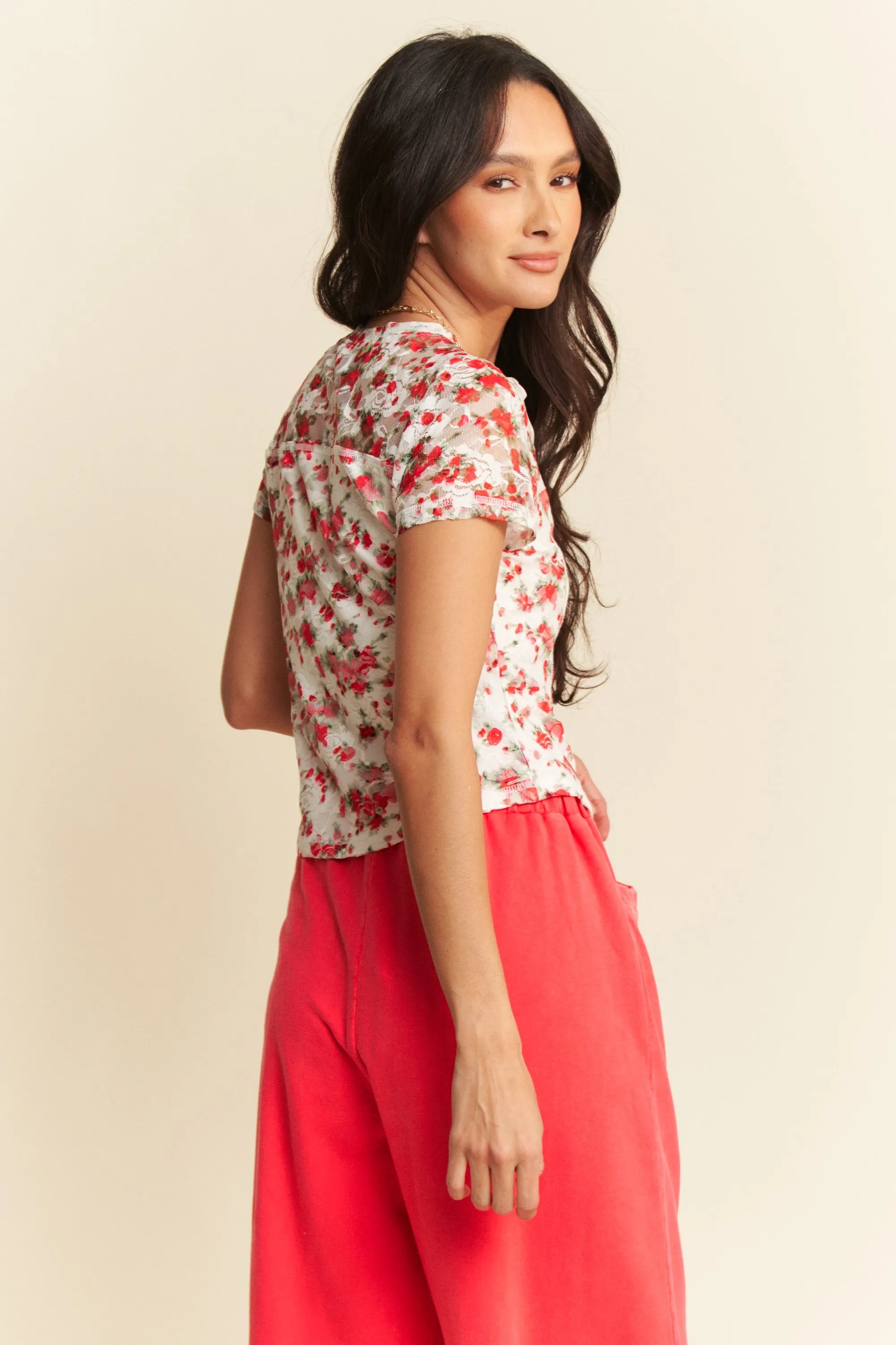 Davi & Dani Ribbon Short Sleeve Layered Mesh Top OutfitFlow