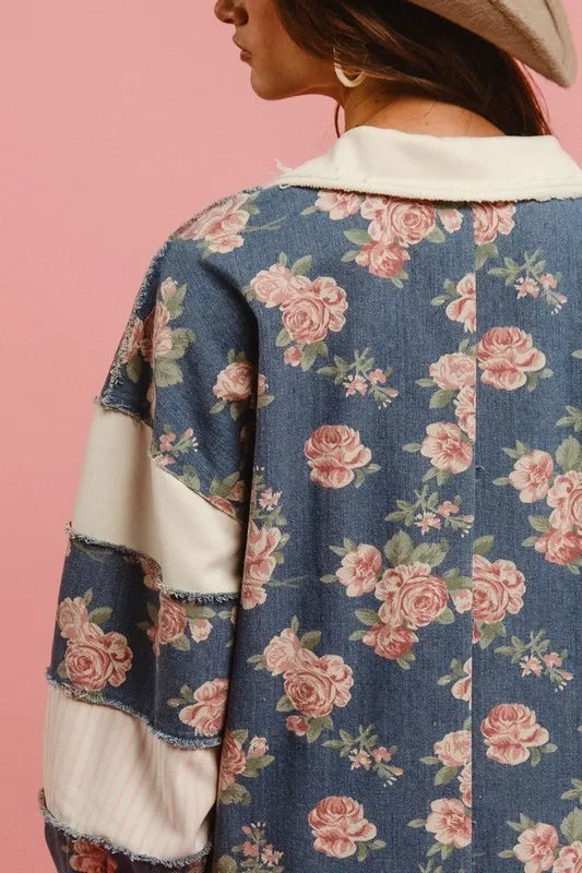 BiBi Washed Floral Denim Romper With Contrast Collar OutfitFlow