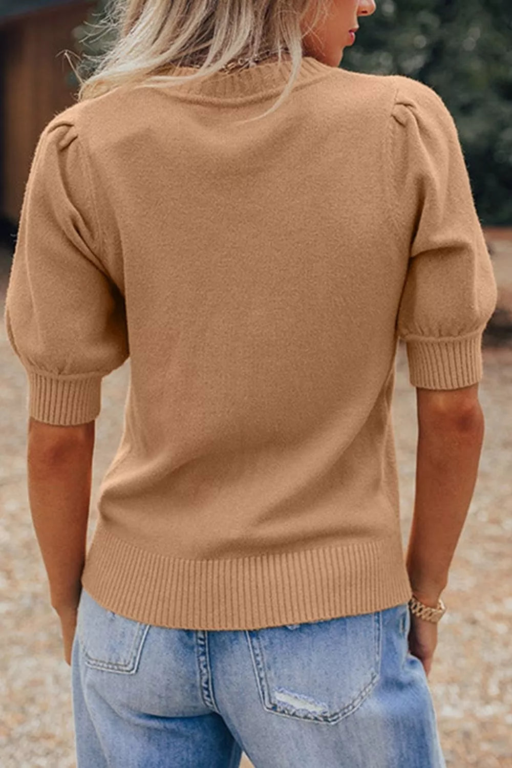 Knit Short Puff Sleeve Sweater OutfitFlow