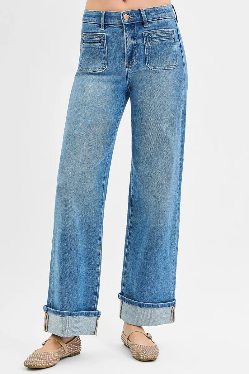 RISEN Full Size Elastic Band Mid Rise Wide Front Patch Pocket Cuff Jeans Plus Size MEDIUM OutfitFlow