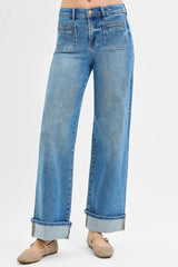 RISEN Full Size Elastic Band Mid Rise Wide Front Patch Pocket Cuff Jeans Plus Size MEDIUM OutfitFlow