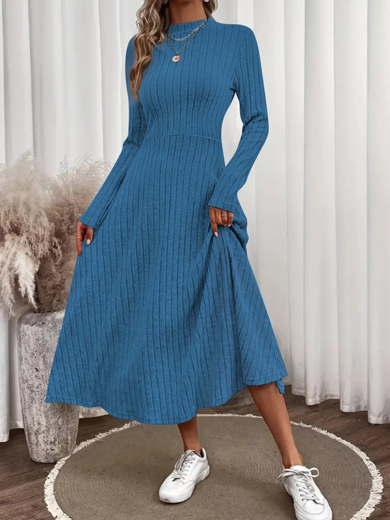 Ribbed Knit A-Line Midi Dress Blue Trendsi