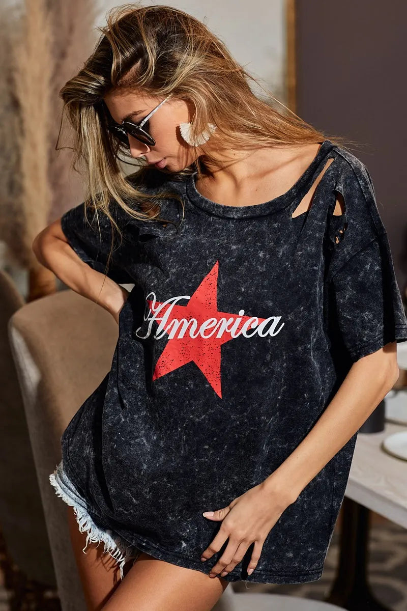 BiBi Laser Cut Mineral Washed Jersey Top with America OutfitFlow