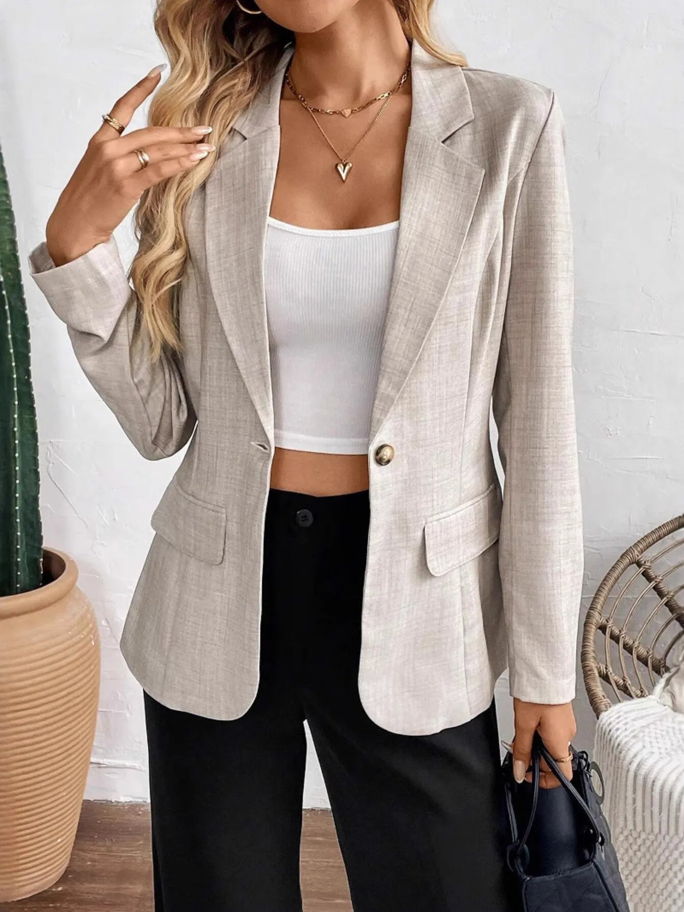 One Button Lapel Collar Blazer Khaki OutfitFlow