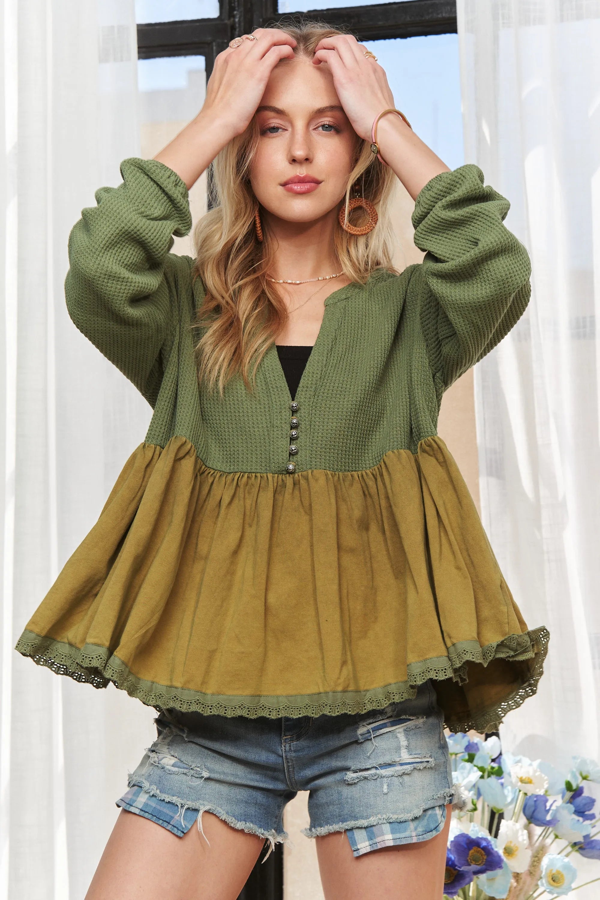 ADORA Mineral Washed Babydoll Tunic Top OutfitFlow