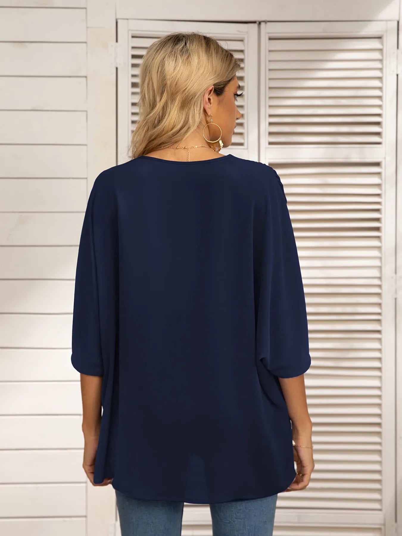 Printed Trim V-Neck Batwing Sleeve Blouse OutfitFlow