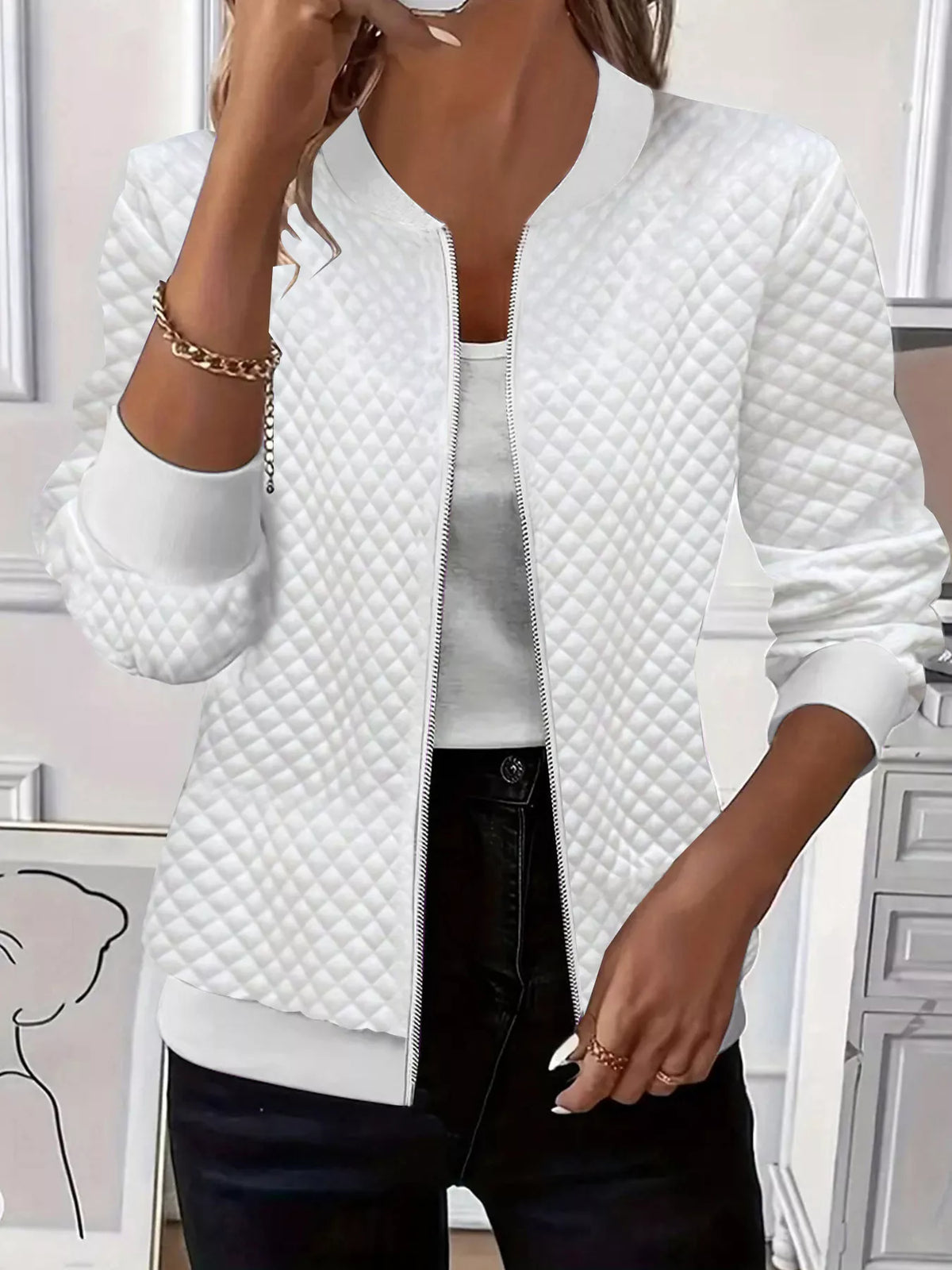 Textured Zip Up Long Sleeve Jacket Gray white OutfitFlow