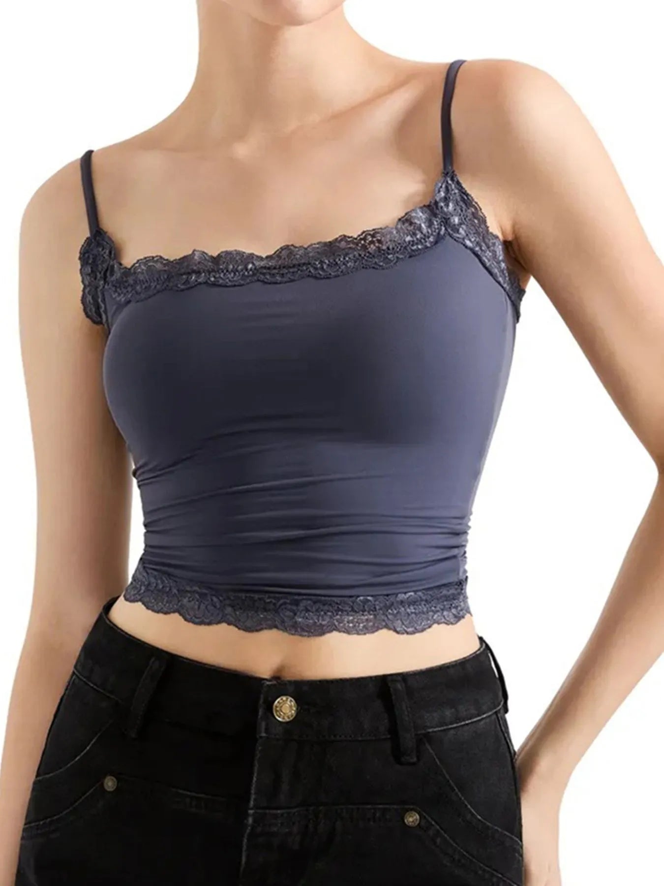 Lace Trim Cami Top Gray Blue OutfitFlow