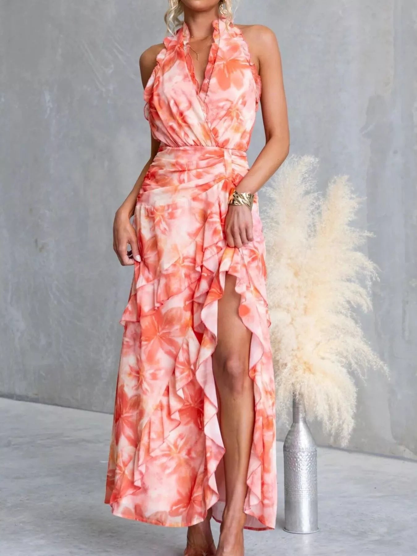 Floral Print Ruffle Halter Neck Maxi Dress Orange-red OutfitFlow