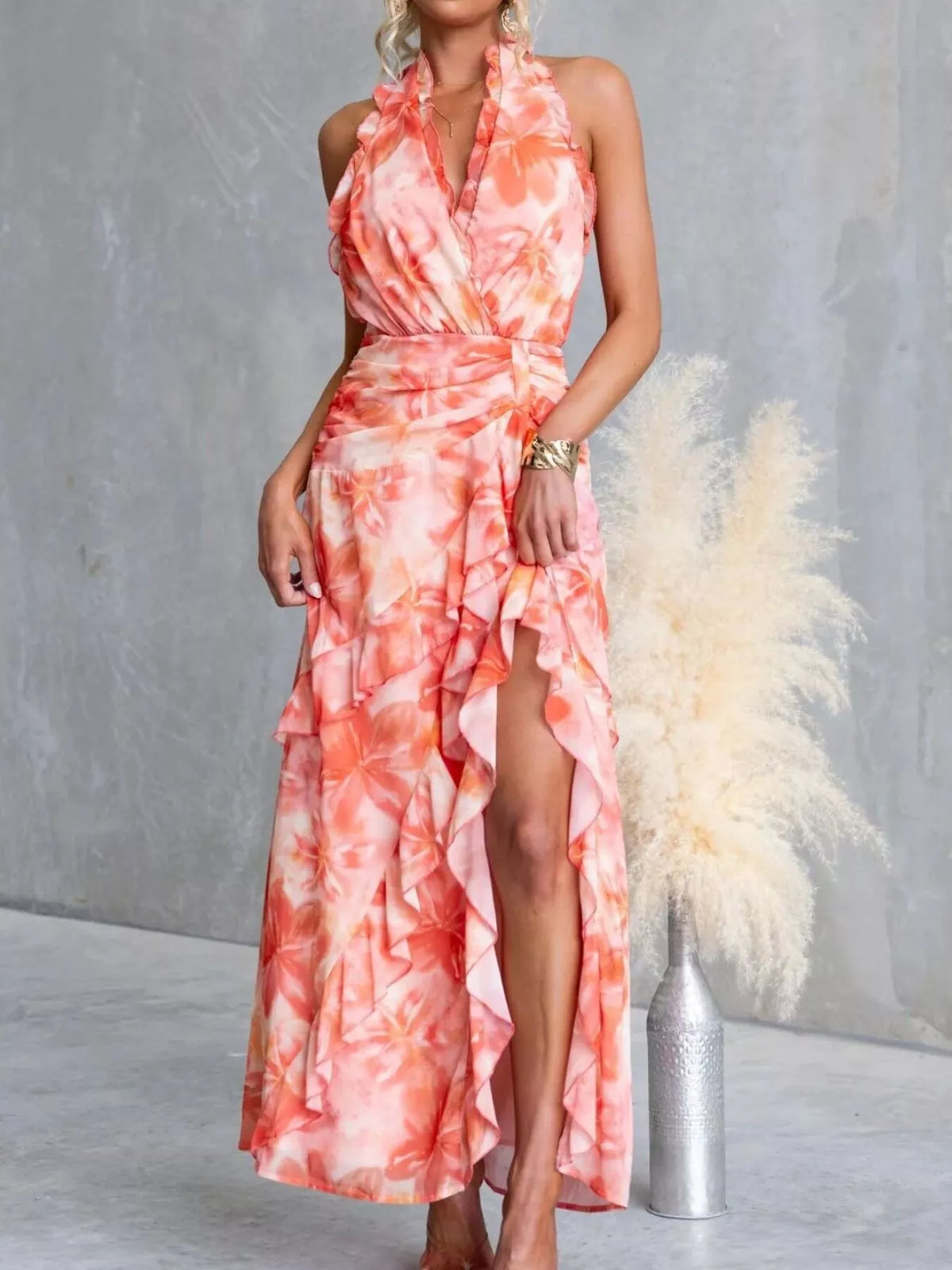 Floral Print Ruffle Halter Neck Maxi Dress Orange-red OutfitFlow