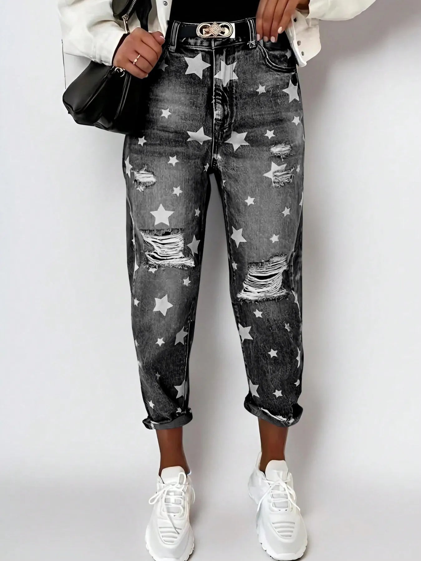 Star Print Distressed High Waist Boyfriend Jeans Dark Gray OutfitFlow