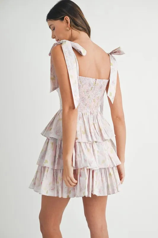 MABLE Floral Print Shoulder Tie Layered Mini Dress OutfitFlow