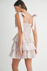 MABLE Floral Print Shoulder Tie Layered Mini Dress OutfitFlow