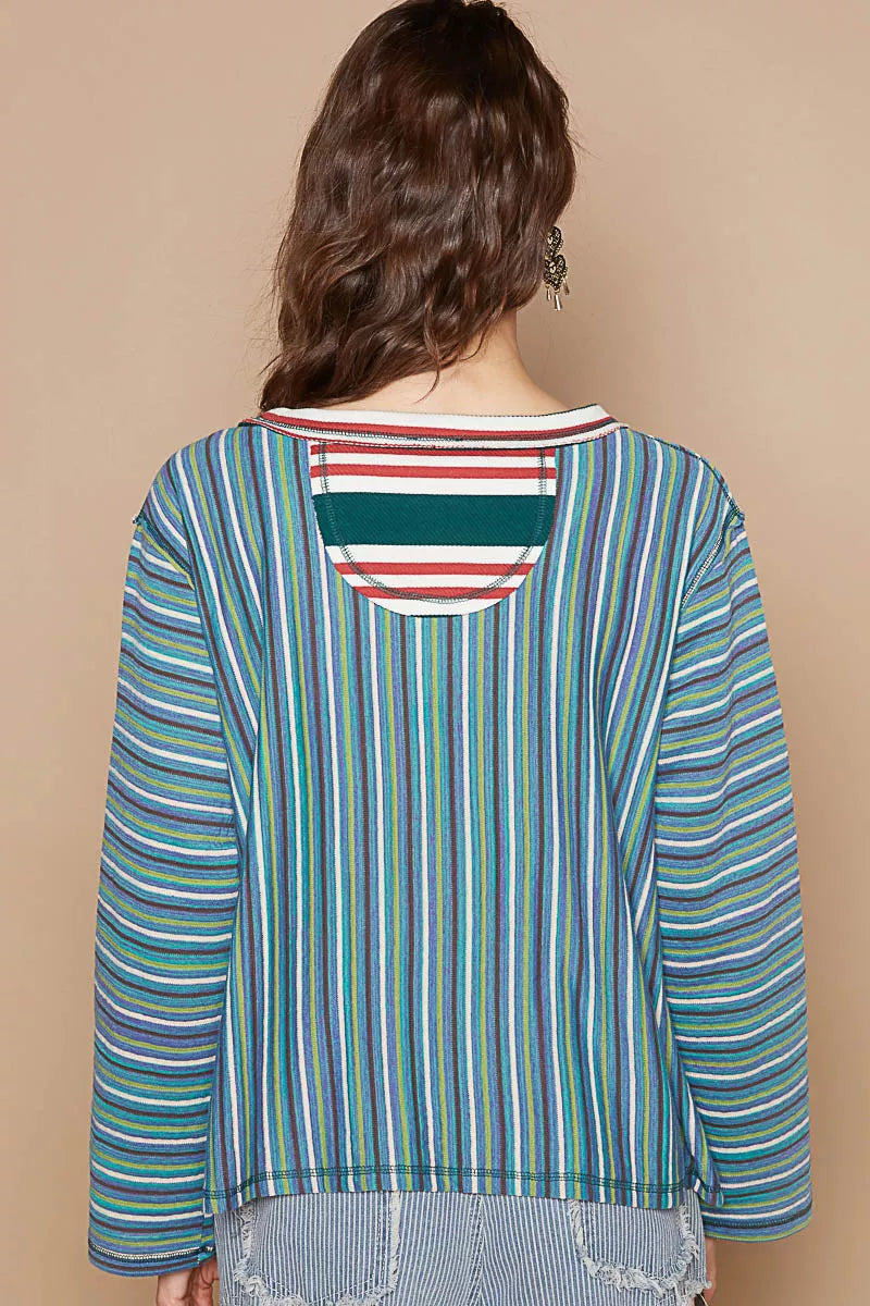 POL Color Block Striped Round Neck Long Sleeve T-Shirt OutfitFlow