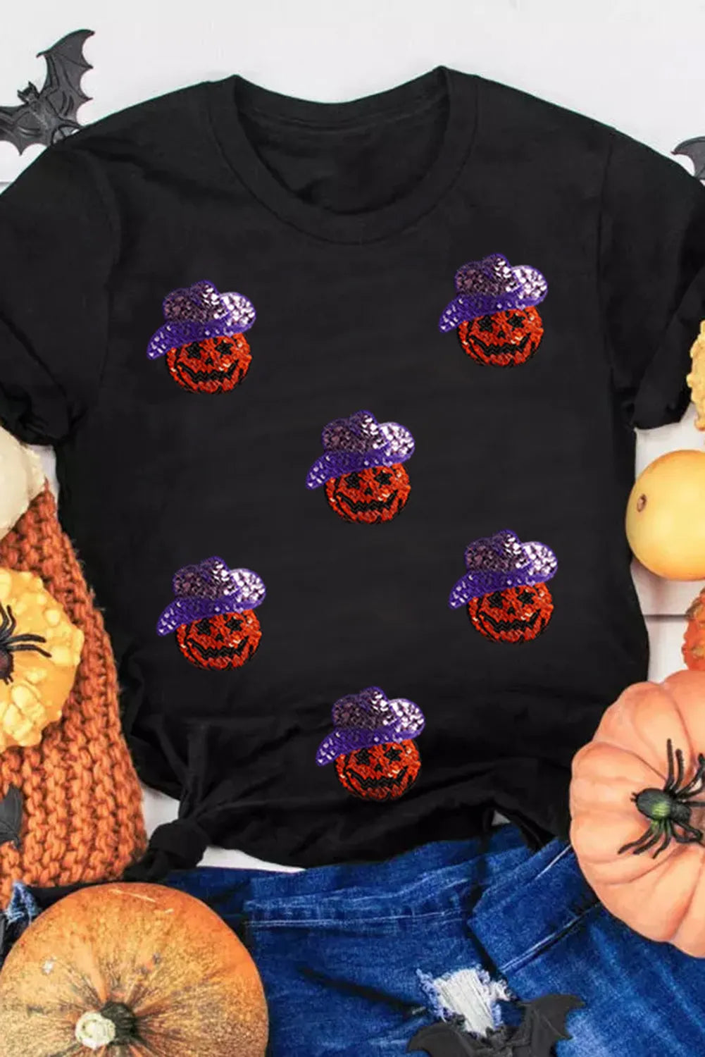 Sequin Pumpkin Round Neck Short Sleeve T-Shirt OutfitFlow