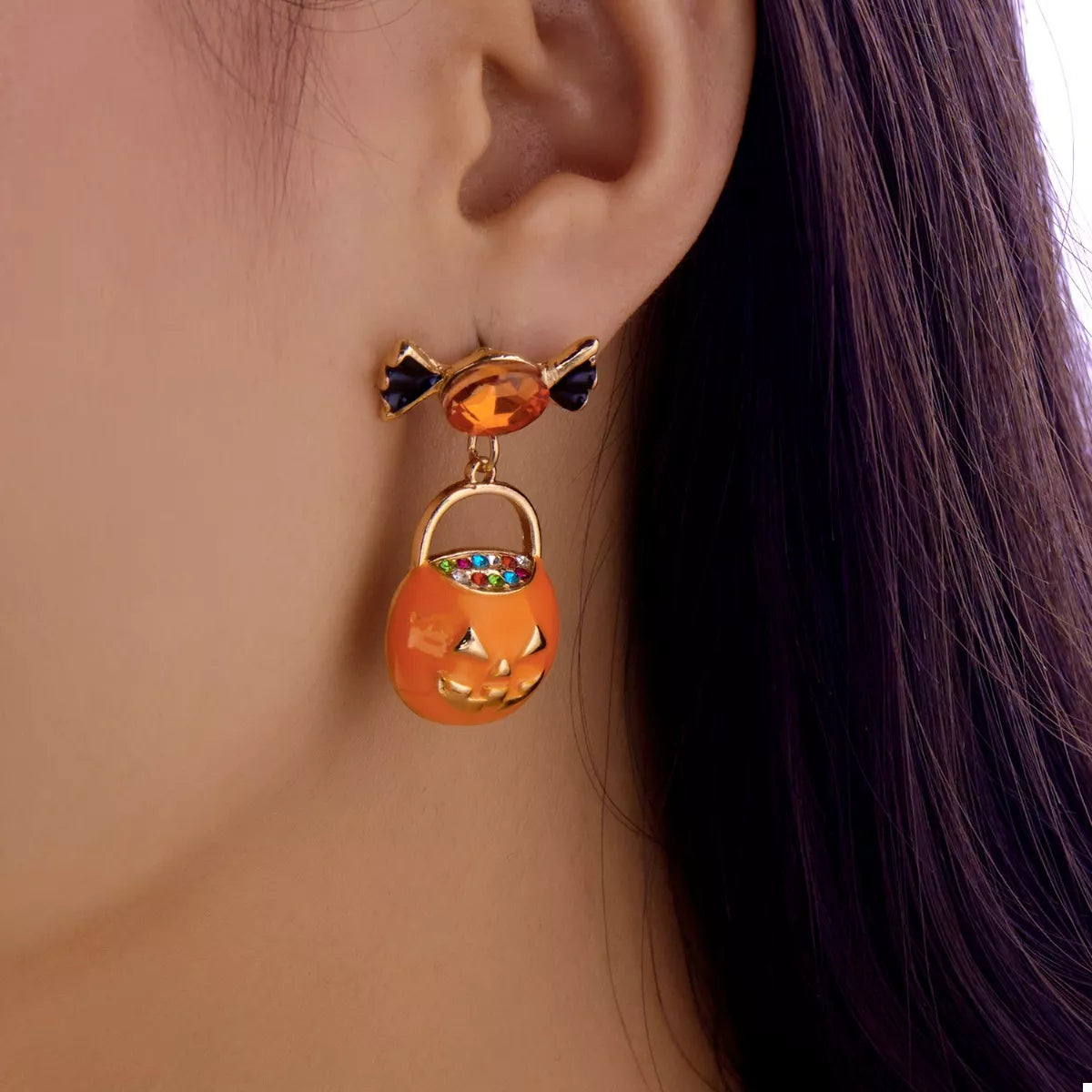 Halloween Rhinestone Pumpkin Dangle Earrings OutfitFlow