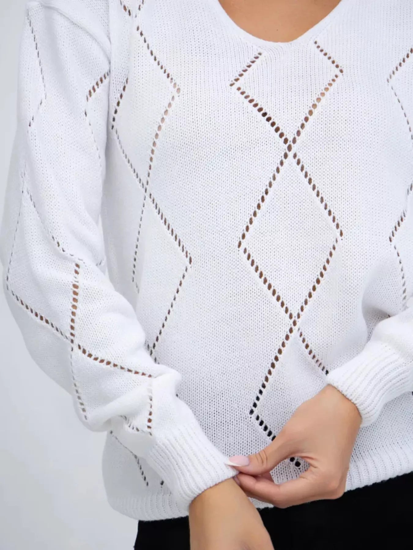 Openwork V-Neck Long Sleeve Sweater OutfitFlow