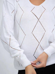 Openwork V-Neck Long Sleeve Sweater OutfitFlow