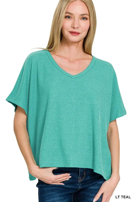 Zenana Ribbed V-Neck Short-Sleeve Knit Top LT TEAL OutfitFlow