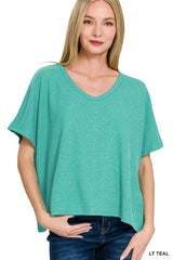 Zenana Ribbed V-Neck Short-Sleeve Knit Top LT TEAL OutfitFlow