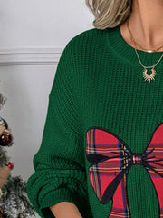Plaid Bow Round Neck Christmas Sweater Trendsi